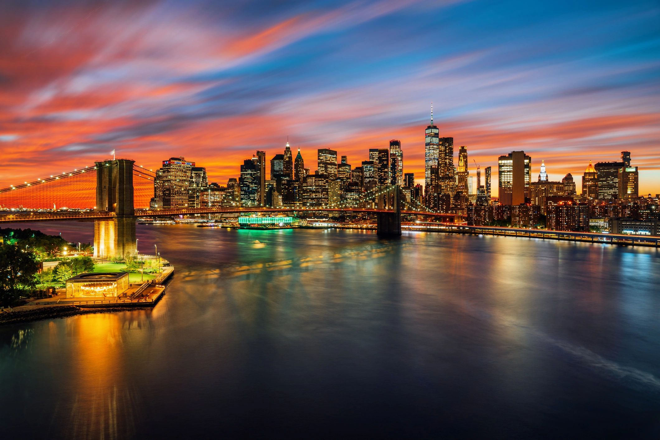 City skyline at dusk with bridge in foreground